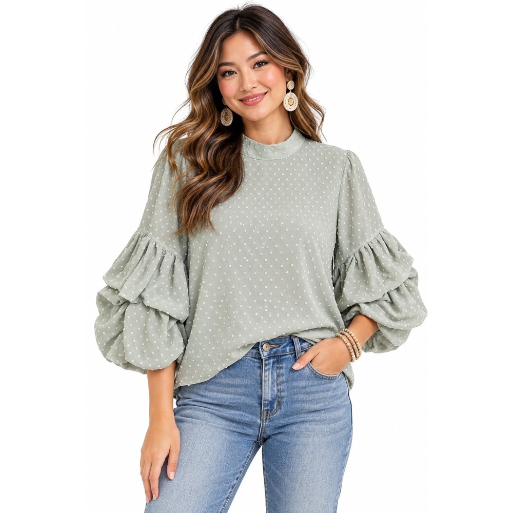 Wishlist Apparel Sage Green Swiss Dot Mock Neck Balloon Sleeve Top M Cottagecore